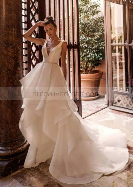 Ivory Organza Layered V Back Wedding Dress